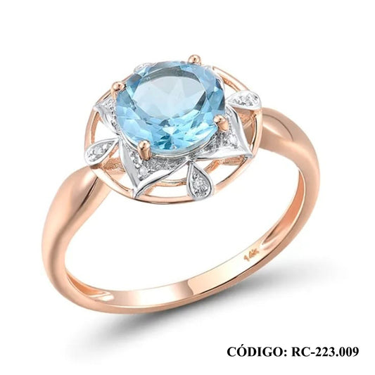 Anillo de Topacio Azul y brillantes oro 14k - Joyería Patagónica